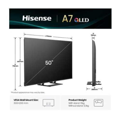 Hisense 50A79Q, 127 cm (50?), 3840 x 2160 Pixel, QLED, Smart TV, Wi-Fi, Nero